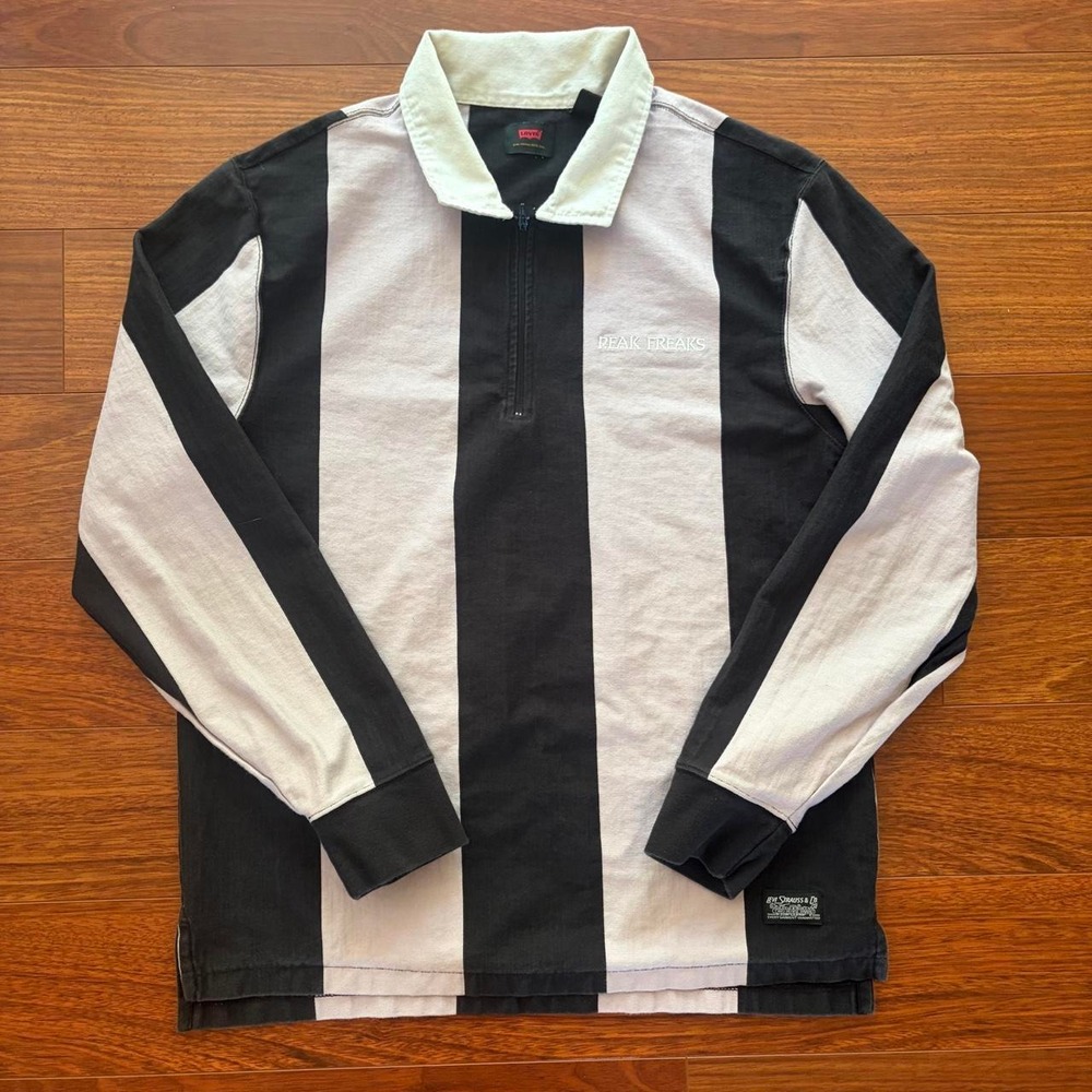 Levi's Peak Freaks Striped Quarter Zip Rugby Long Sleeve Shirt Black White Small